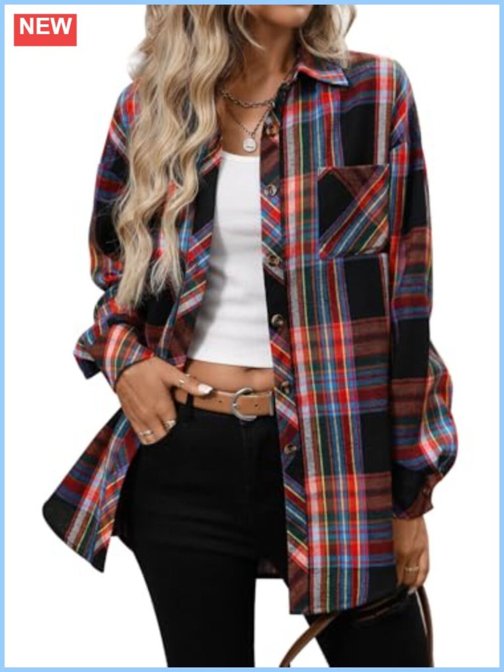 Oversized Women's Flannel Button Down Long Sleeve Plaid Shirt Shacket Top